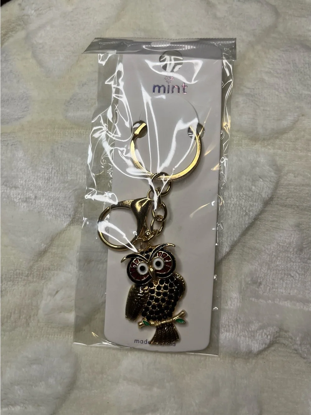 Mint Gold Owl Keychain with Red and Green Enamel Accents